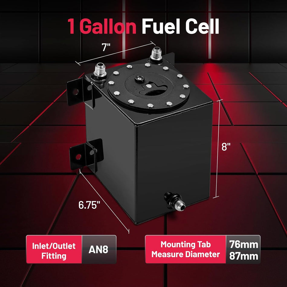 BDFHYK 1 Gallon Fuel Cell Gas Tank Aluminum Polished Black with Level Sender 7" (L) x 6.75" (W) x 8" (H) Racing Street Drift Strip Fuel Tank Fuel Cap