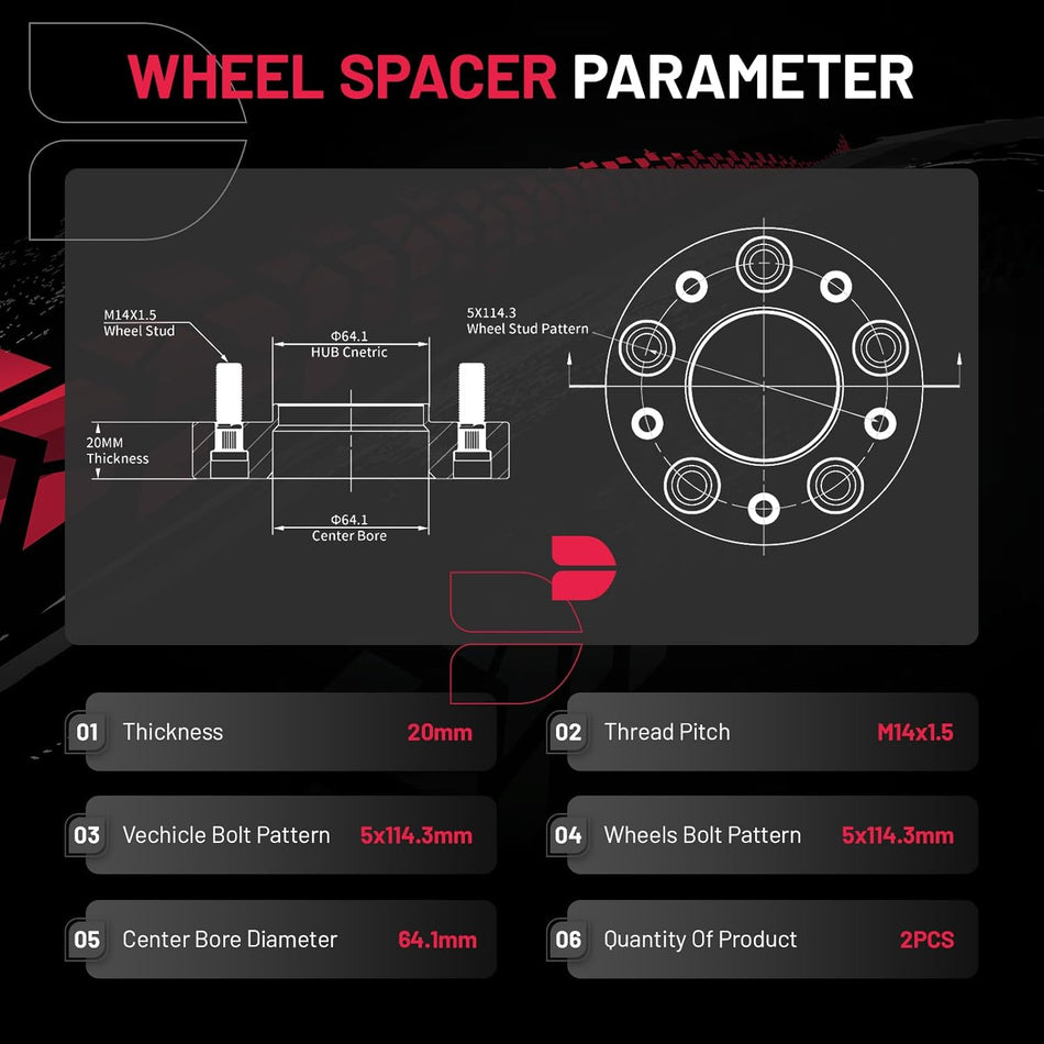 5x114.3 Hubcentric Wheel Spacers 20mm for Tesla Model 3 2017-2024 Model Y 2020-2024, M14x1.5 Studs, 64.1mm Hub Bore, Set of 2