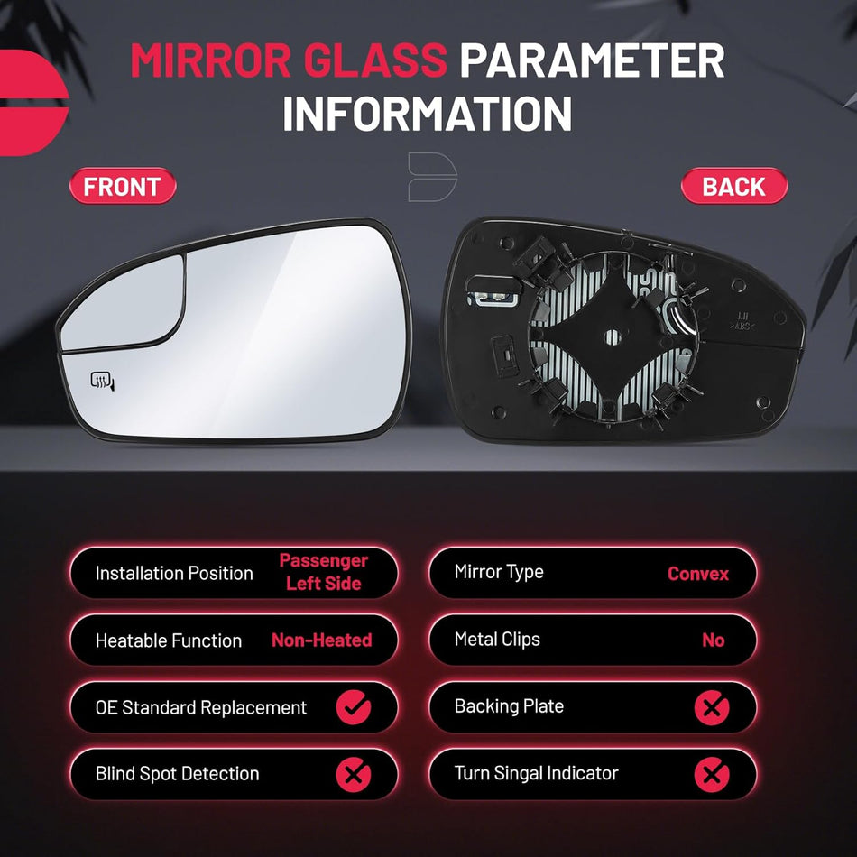 BDFHYK Mirror Glass Compatible with Fusion 2013-2020 Blind Spot Side View Convex Mirror Glass with Rear Holder, Replaces DS7Z17K707F, DS7Z-17K707-F, Heated (Left Side)