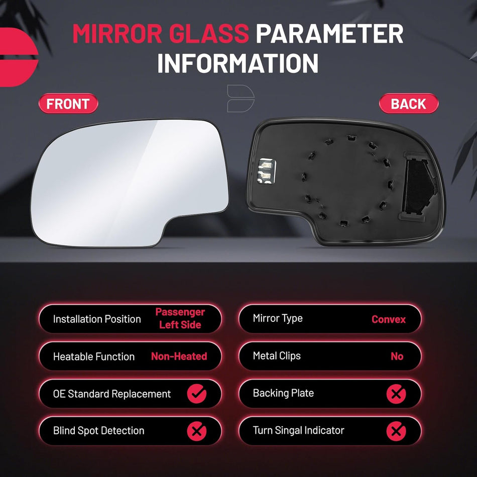 BDFHYK Mirror Glass Compatible with Avalanche Silverado Tahoe Sierra 1500 Escalade Side View Mirror Glass with Rear Holder, Replaces 88986362, Heated (Left Side)