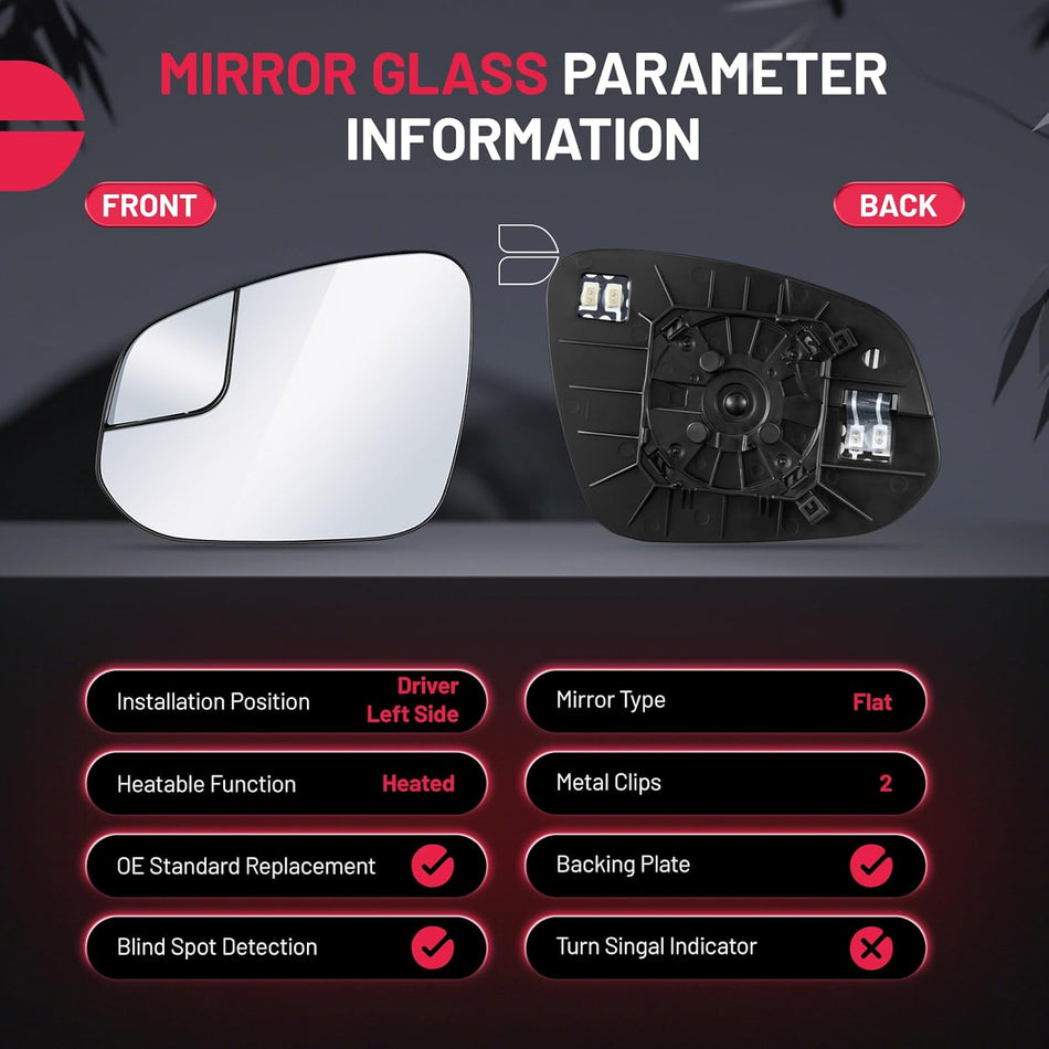 BDFHYK Mirror Glass Compatible with Toyota RAV4 2016-2018 Side View Exterior Mirror with Backing Plate, Replaces 87961-42D20 879610R220 8796142D20, Heated (Left Side)