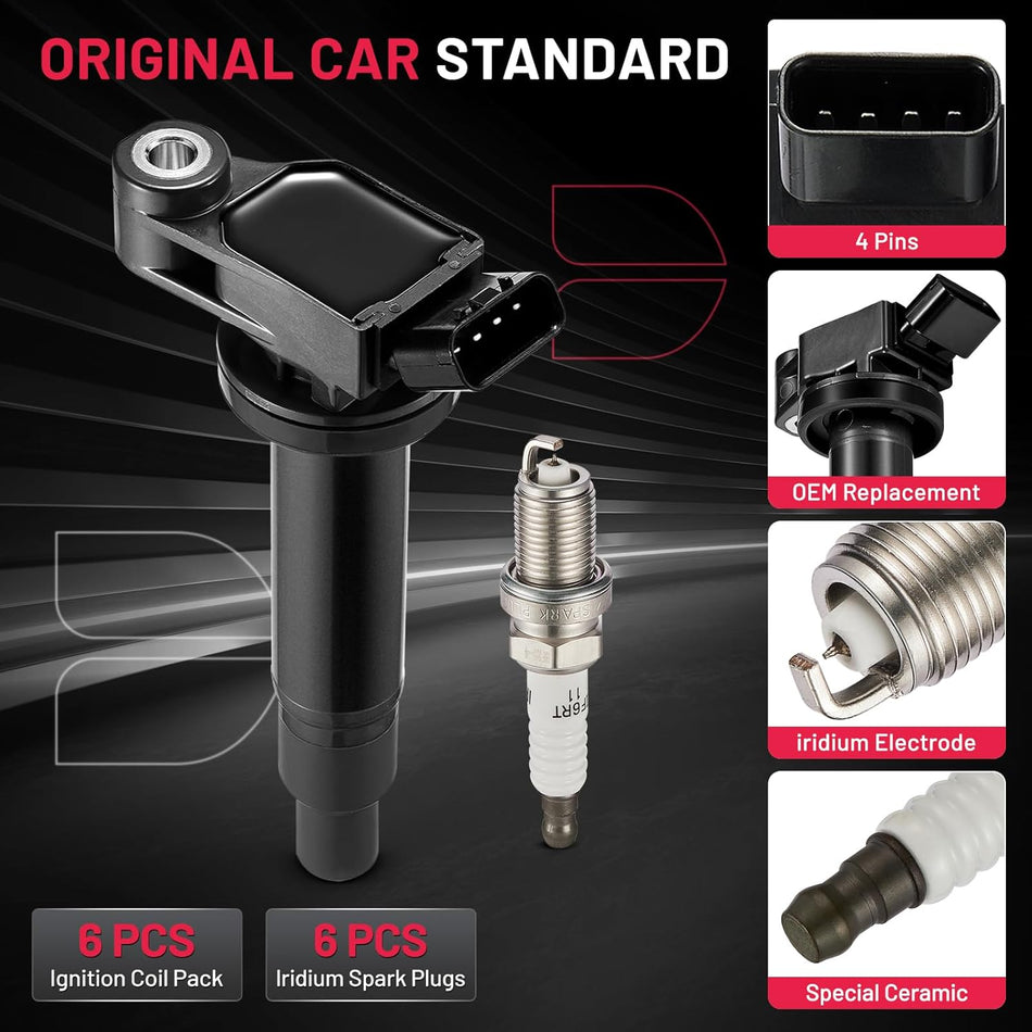 BDFHYK Ignition Coil Pack UF267 and Iridium Spark Plugs 4504 PK20TT Compatible with Lexus ES300 RX300 RX330 RX400 Toyota Avalon Camry Highlander Sienna Solara 3.0L 3.3L V6, Sets of 6