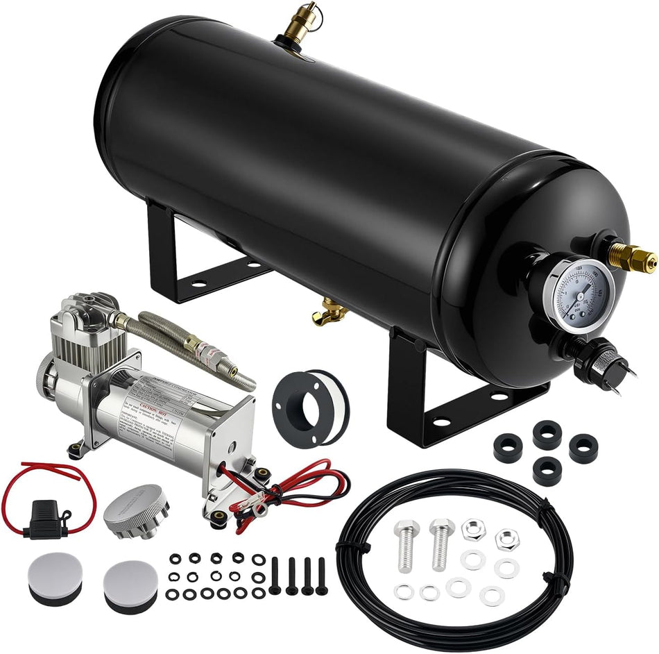 BDFHYK 1.5 Gallon Air Tank with Compressor,6 Ports with 1/4-Inch NPT Thread,150 PSI Rated for Air Suspension System,Air Brake System,Tire Inflation,and Truck & Train Horns