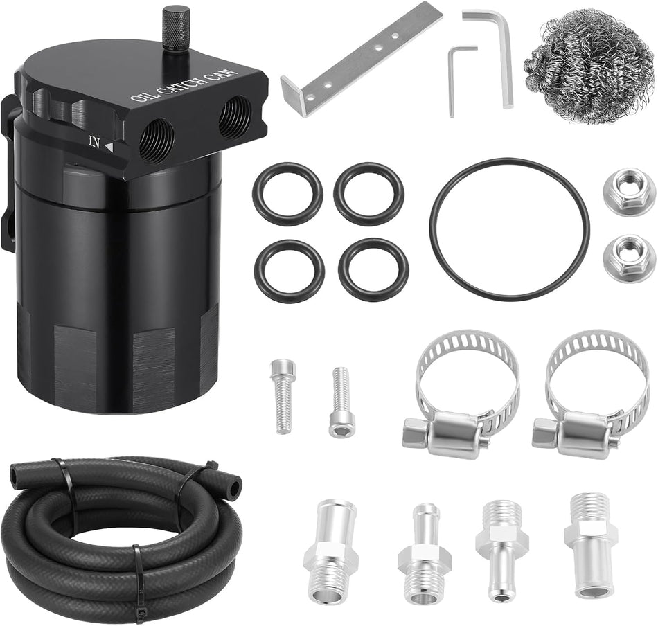 BDFHYK 300ml Oil Catch Can Kit, Universal Baffled Catch Can with 5FT 3/8" ID NBR Fuel Line Hose, Aluminum Air Oil Separator Tank for PCV System, Black