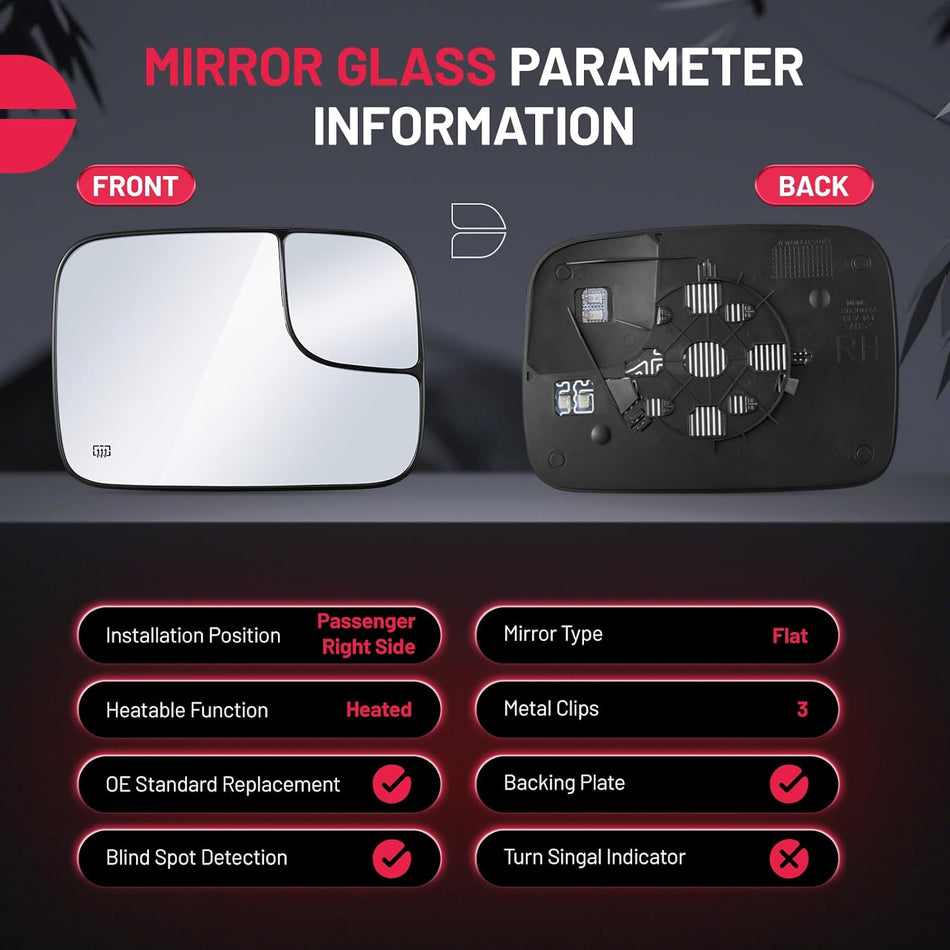 BDFHYK Mirror Glass Compatible with Dodge 2005-2008 Ram 1500 2500 3500 Side View Exterior Mirror with Backing Plate, Replaces 12477844 5161010AA CH1325121, Heated (Right Side)