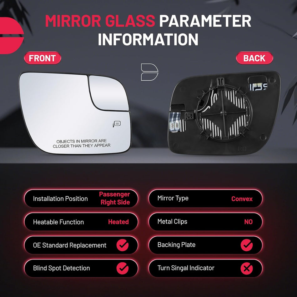 BDFHYK Mirror Glass Compatible with 2011-2019 Explorer Side View Exterior Mirror with Backing Plate, Replaces BB5Z17K707 BB5Z17K707A BB5Z17K707B,Heated (Right Side)