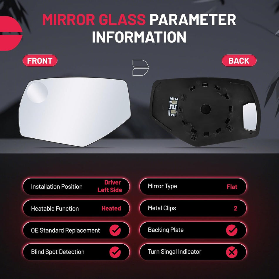 BDFHYK Mirror Glass Compatible with Chevy Silverado, Compatible with GMC Sierra 1500 2500HD 3500HD Side View Exterior Mirror with Backing Plate, GM1324145 22919747, Heated (Left Side)