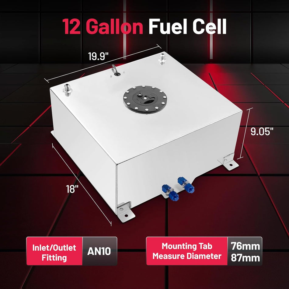 BDFHYK 12 Gallon Fuel Cell Gas Tank Aluminum Polished Sliver with Level Sender 19.9" (L) x 18" (W) x 9.05" (H) Racing Street Drift Strip Fuel Tank Fuel Cap