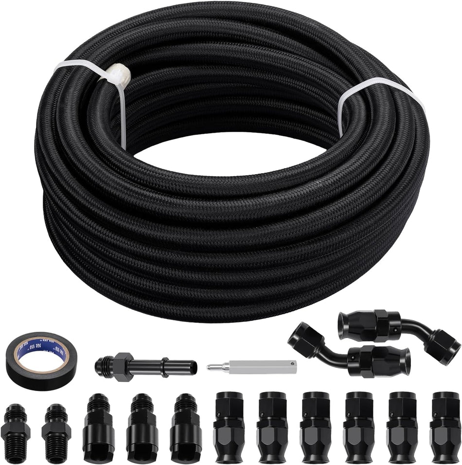 BDFHYK 25FT 5/16" ID PTFE Fuel Line Kit 6AN PTFE Fitting Compatible with E85 Ls Swap Fuel line kit, Nylon Stainless Steel Braided Fuel Hose