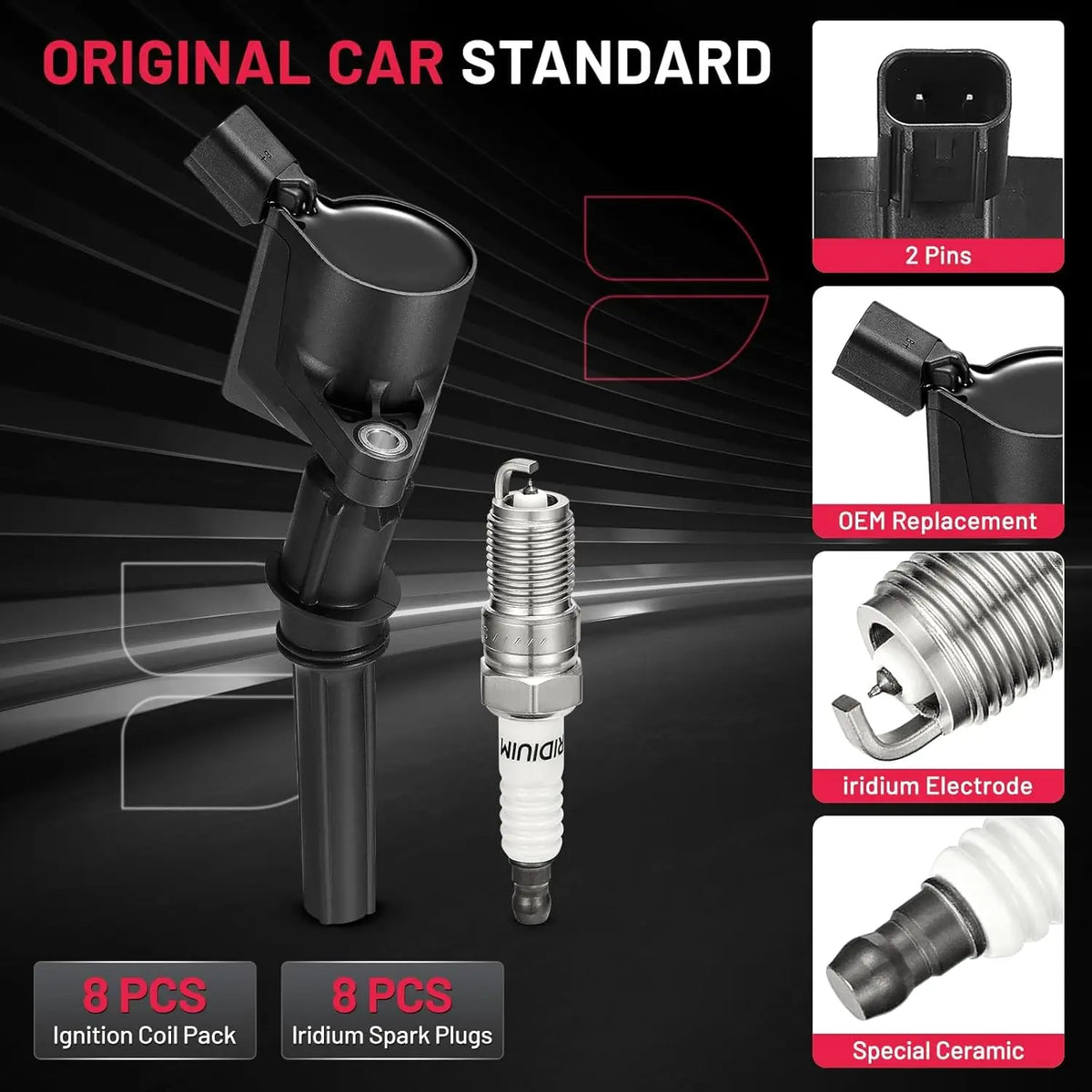 Original Car Standard Specifications: BDFHYK Coil Pack features 2 Pins connector, Iridium Electrode SP493 spark plugs, and Special Ceramic insulator.