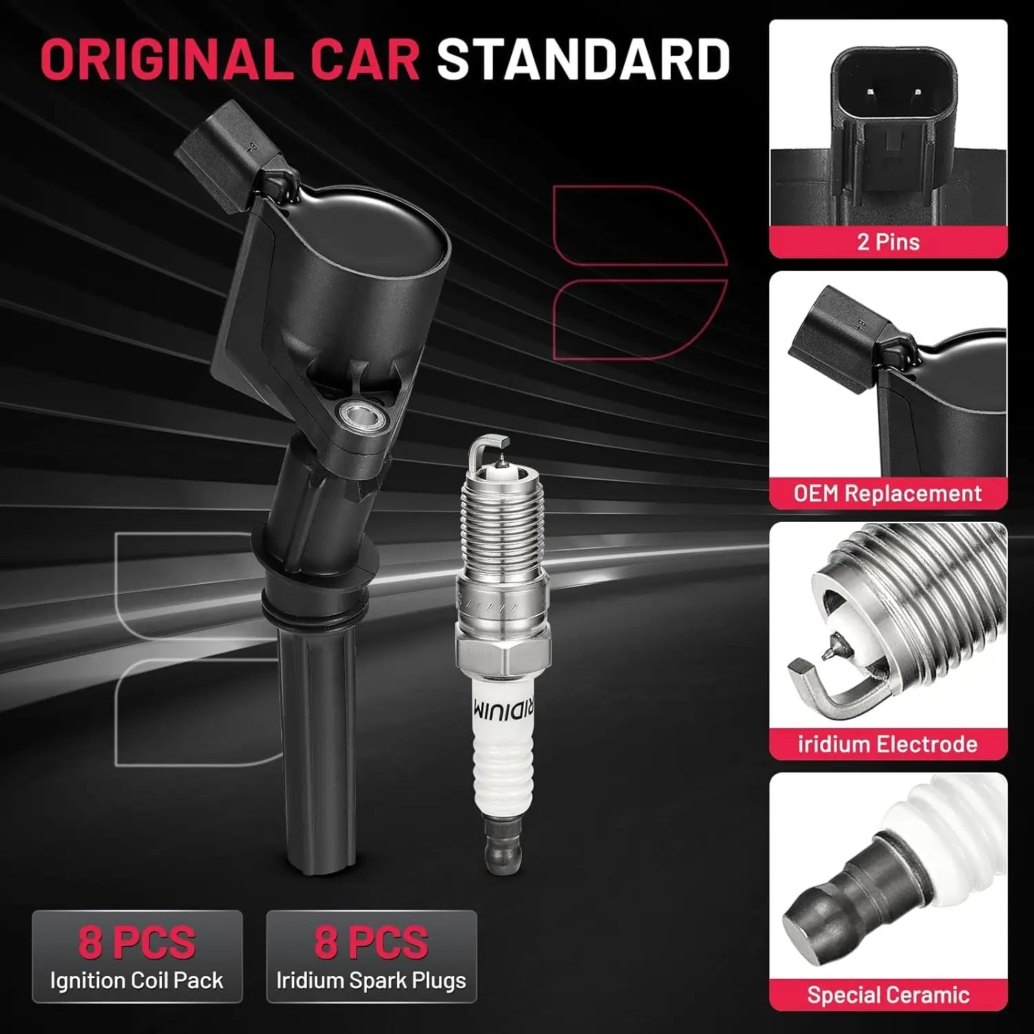 Original Car Standard Specifications: BDFHYK Coil Pack features 2 Pins connector, Iridium Electrode SP493 spark plugs, and Special Ceramic insulator.