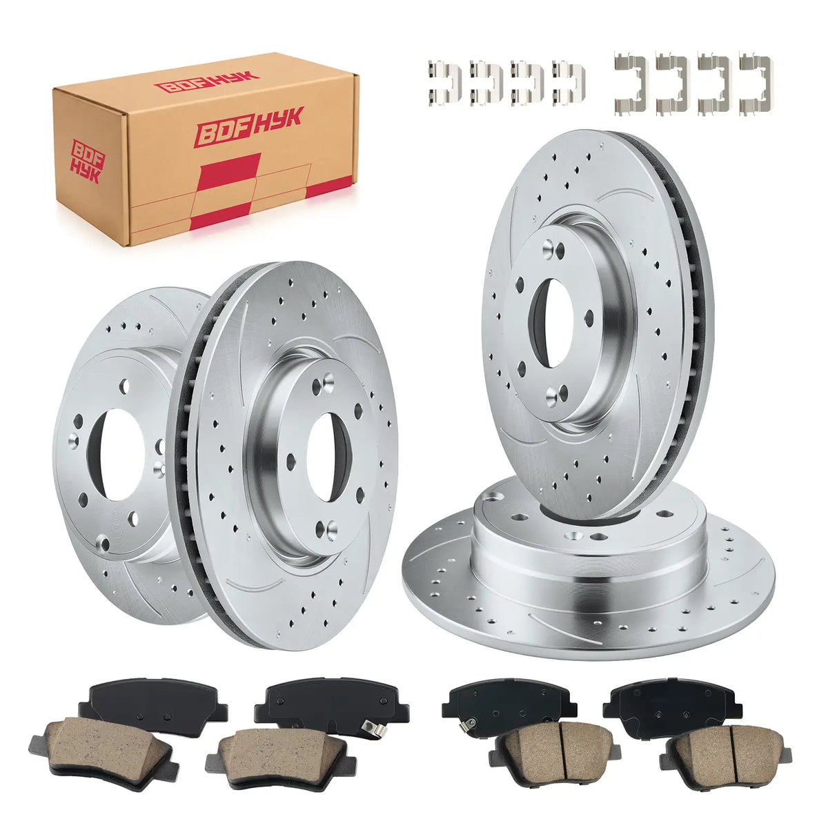 Complete front and rear brake rotors and pads kit with 4 carbon-fiber ceramic brake pads, 4 drilled and slotted brake rotors, and premium hardware lubrication kit by BDFHYK.
