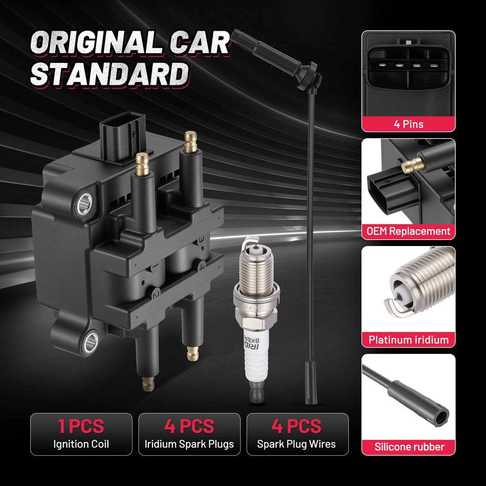Ignition Coil UF240 and Spark Plugs SP1012 with Wire Set 8691 for 2004-2004 Subaru Legacy 2.5L H4 | BDFHYK