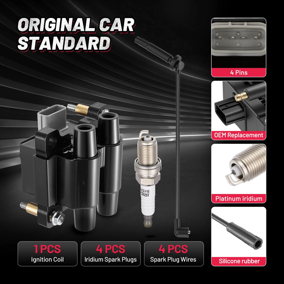 Ignition Coil UF625 and Spark Plugs 5303 with Wire Set 4733 for 2009-2011 Subaru Forester/Impreza 2.5L H4 | BDFHYK