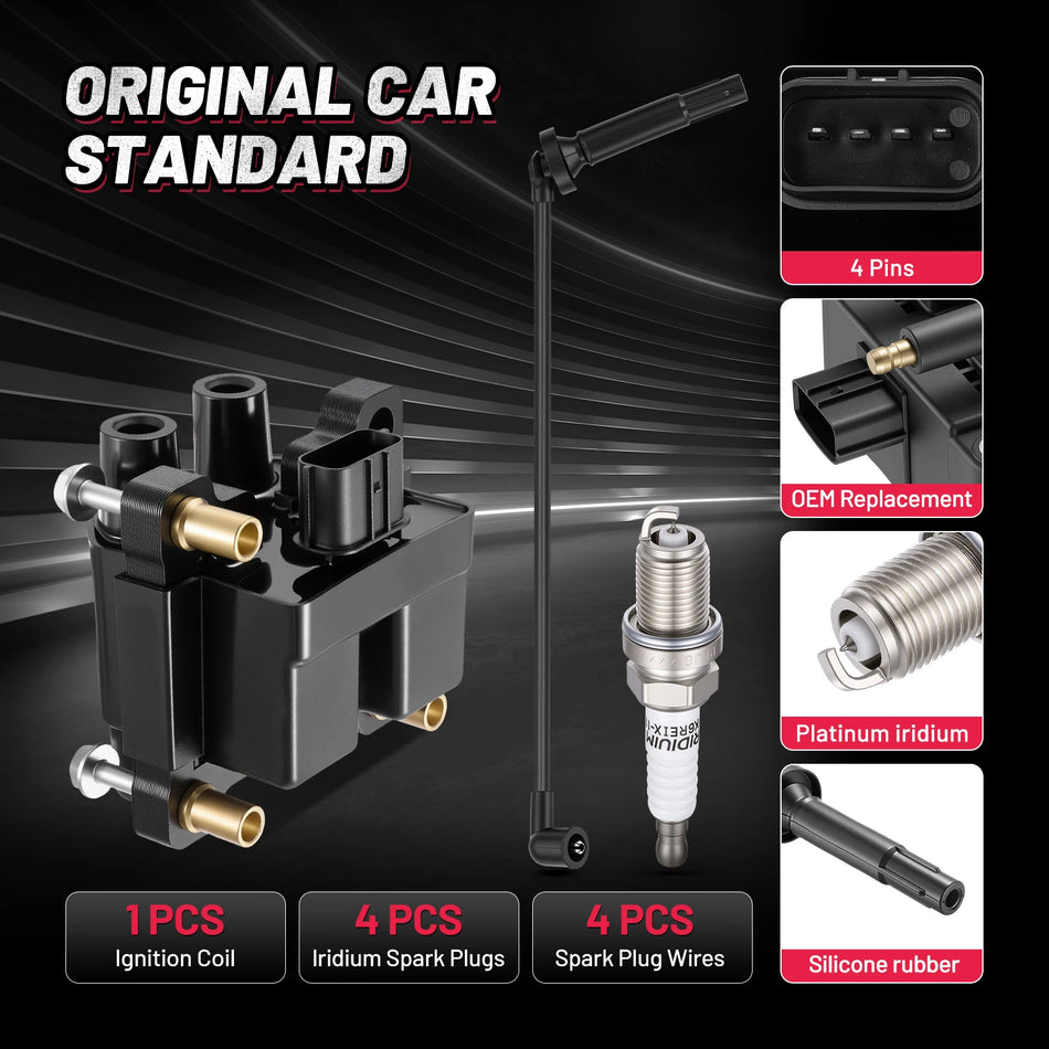 Ignition Coil UF538 and Spark Plugs SP1012 with Wire Set 55004 for 2005-2010 Subaru Forester/Impreza 2.5L H4 | BDFHYK