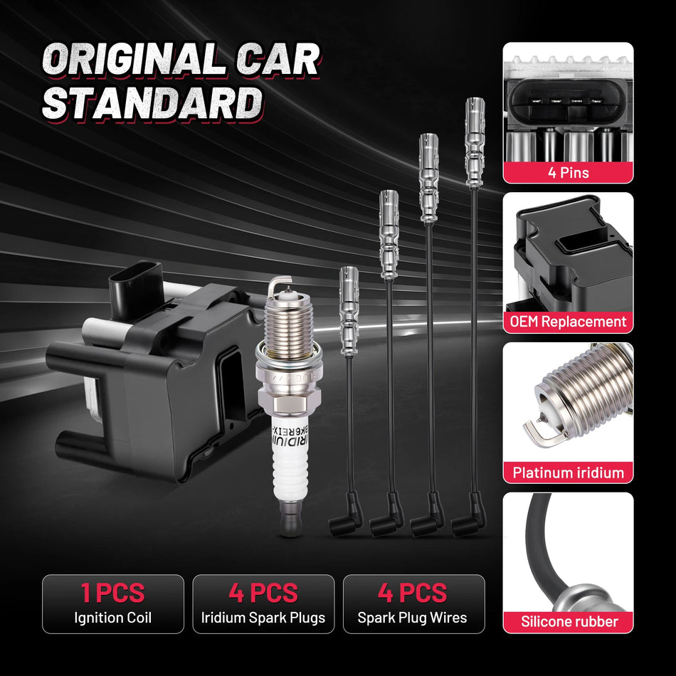 Ignition Coil UF277 and Spark Plugs SP1012 with Wire Set 4395 for 1998-2015 Volkswagen Jetta/Beetle 2.0L L4 | BDFHYK