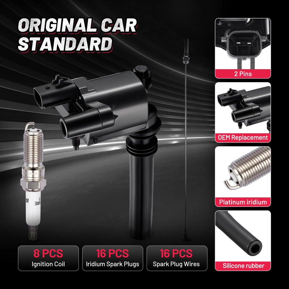 Ignition Coil UF378 and Spark Plugs SP1021 with Wire Set 53020 for 2003-2005 Dodge Durango/Magnum 5.7L V8 | BDFHYK