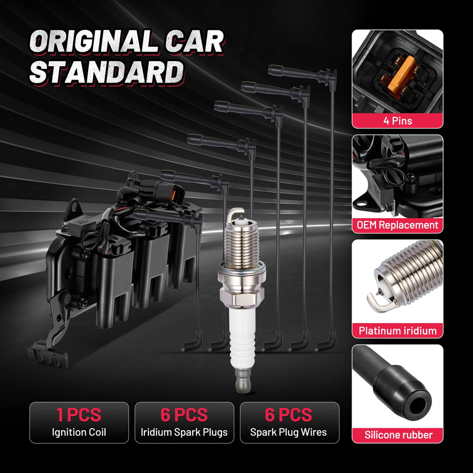 Ignition Coil SKIC320 and Spark Plugs 4503 with Wire Set 9667 for 2005-2010 Hyundai Tucson 2.7L V6 | BDFHYK