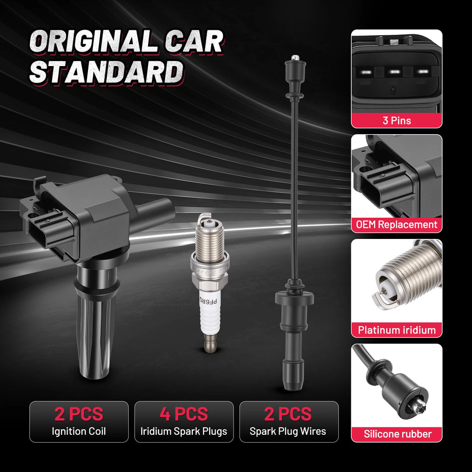 Ignition Coil UF285T and Spark Plugs 4503 with Wire Set 27574 for 2005-2006 Kia Optima 2.4L L4 | BDFHYK