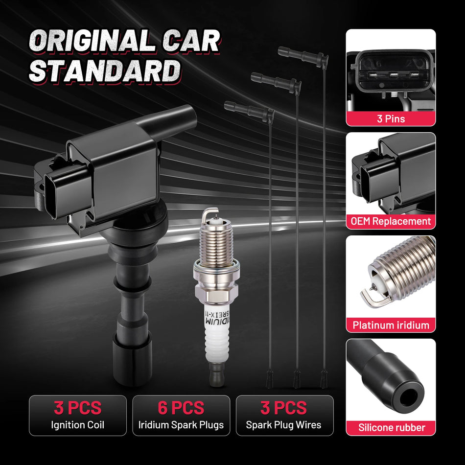 Ignition Coil UF432 and Spark Plugs 4503 with Wire Set 56004 for 2001-2005 Hyundai XG300/XG350 3.5L V6, 3.0L V6 | BDFHYK
