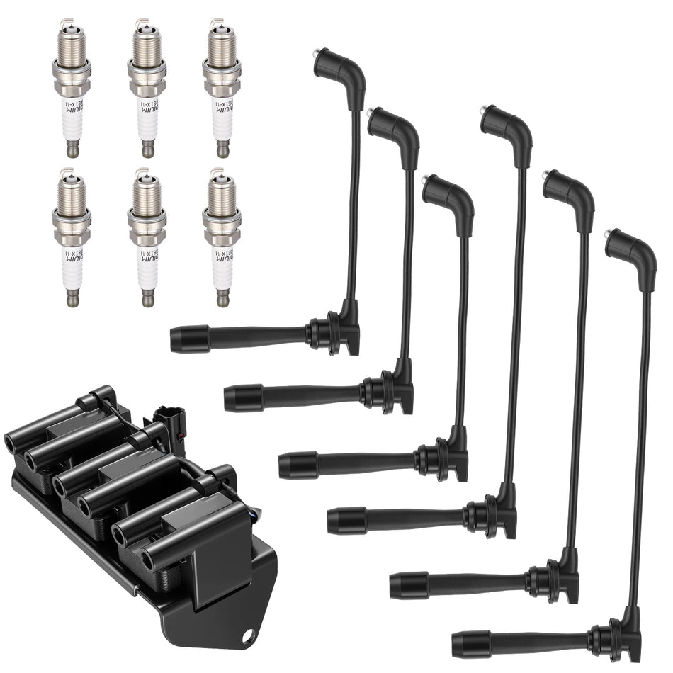 Ignition Coil UF284 and Spark Plugs 7994 with Wire Set 3878 for 1999-2005 Hyundai Sonata 2.5L V6, 2.7L V6 | BDFHYK