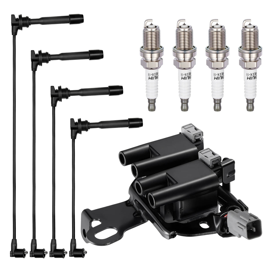 Ignition Coil UF419 and Spark Plugs SP1012 with Wire Set 9423 for 2003-2012 Kia Soul/Spectra 2.0L L4 | BDFHYK