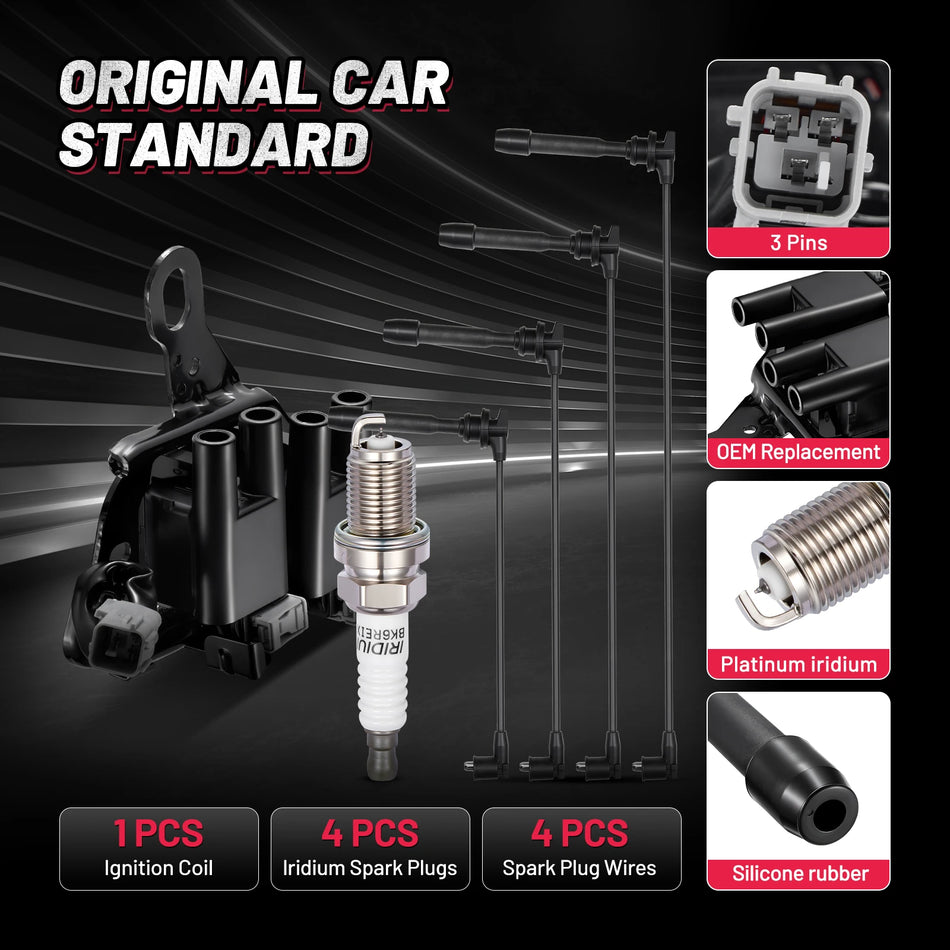 Ignition Coil UF593 and Spark Plugs SP1012 with Wire Set 9423 for 2003-2009 Kia Spectra/Spectra5 2.0L L4 | BDFHYK