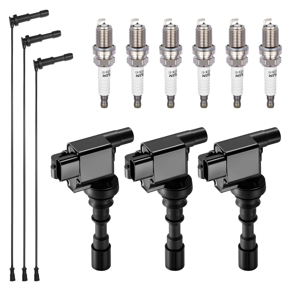 Ignition Coil UF439 and Spark Plugs 5303 with Wire Set 27717 for 2003-2006 Hyundai Santa Fe/XG350 3.5L V6 | BDFHYK