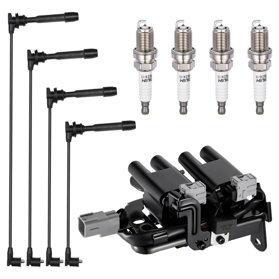 Ignition Coil UF419 and Spark Plugs 3395 with Wire Set 27553 for 2003-2009 Hyundai Elantra/Tiburon 2.0L L4 | BDFHYK