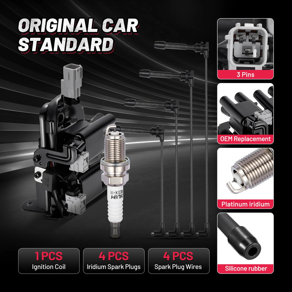 Ignition Coil UF419 and Spark Plugs 3395 with Wire Set 27553 for 2003-2009 Hyundai Elantra/Tiburon 2.0L L4 | BDFHYK