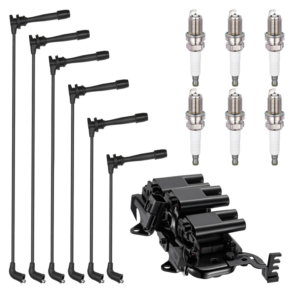 Ignition Coil UF425 and Spark Plugs 5303 with Wire Set 9611 for 2001-2008 Hyundai Santa Fe/Tiburon 2.7L V6 | BDFHYK