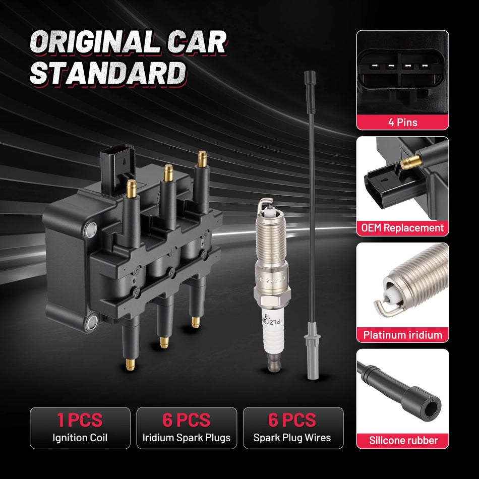 Ignition Coil UF305 and Spark Plugs SP1026 with Wire Set 53188 for 2001-2010 Chrysler Town & Country/Pacifica 3.3L V6, 3.8L V6 | BDFHYK