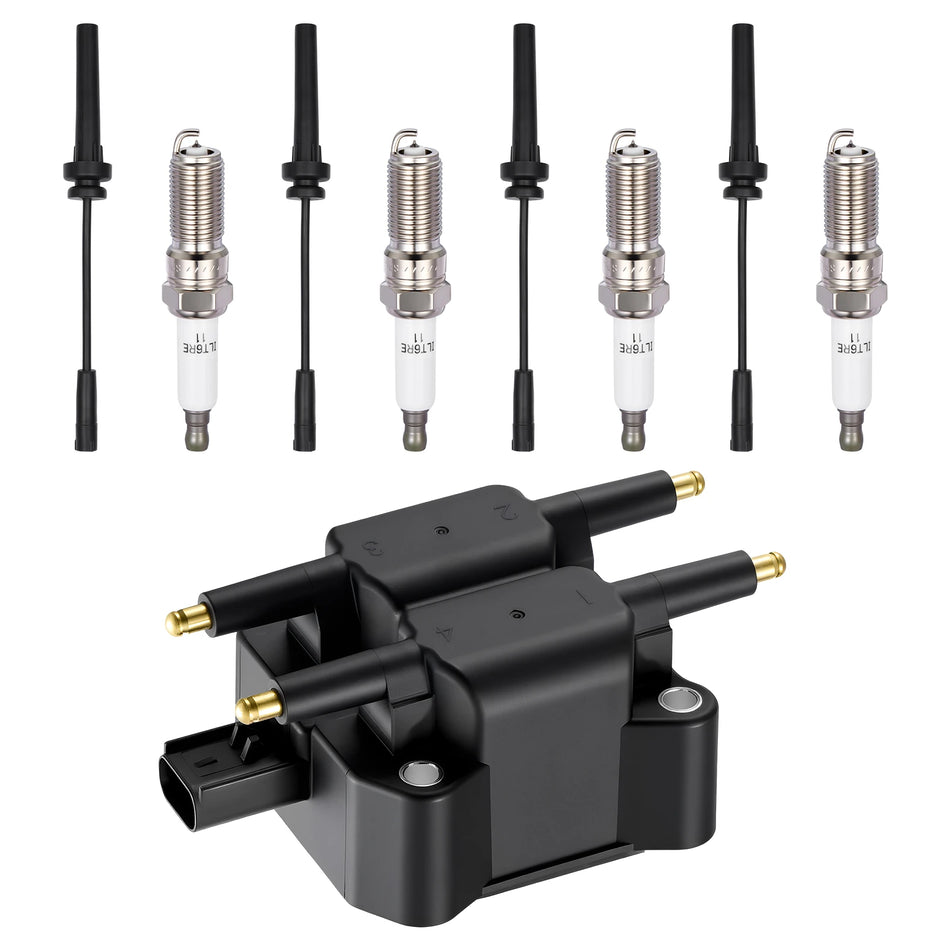 Ignition Coil UF403 and Spark Plugs SP1021 with Wire Set 7433 for 2001-2010 Chrysler PT Cruiser/Sebring 2.4L L4 | BDFHYK