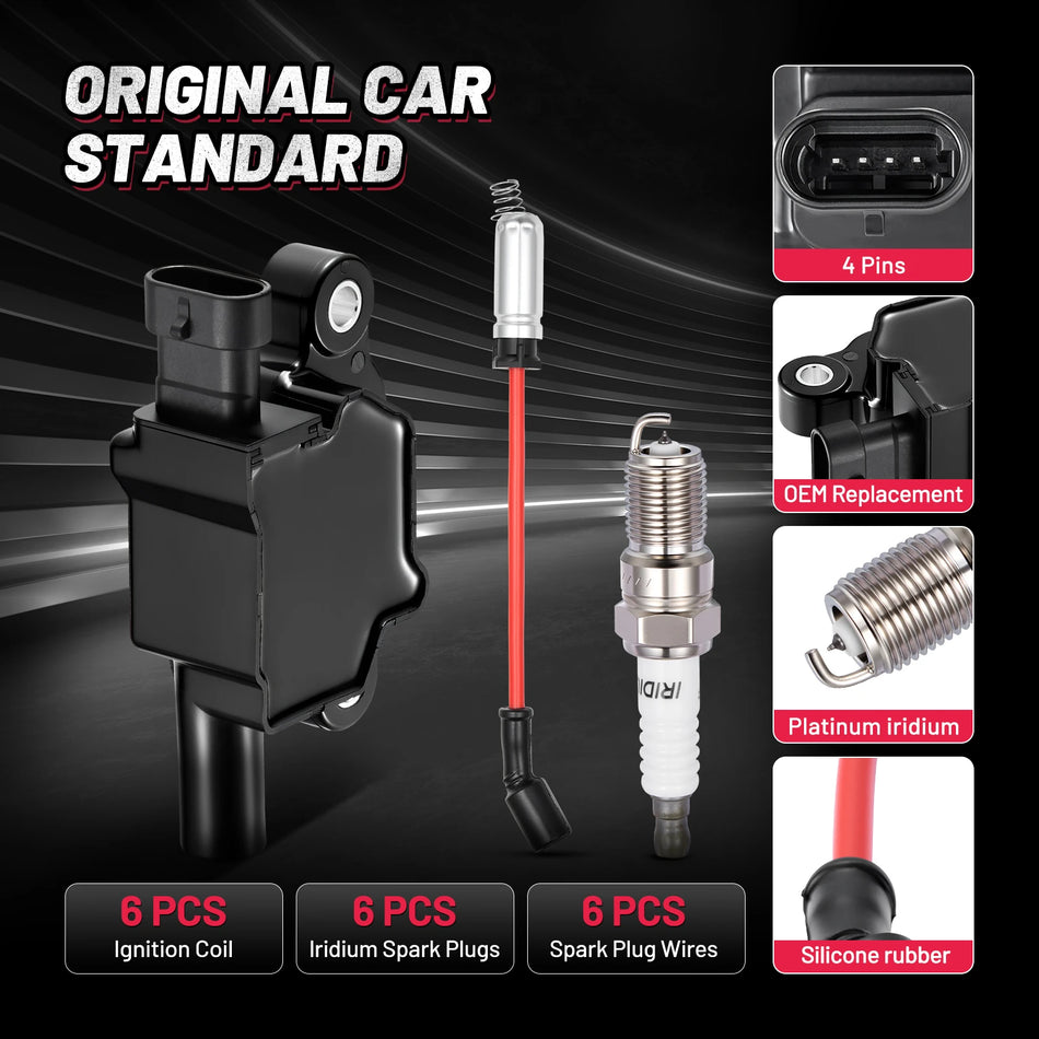 Ignition Coil UF743 and Spark Plugs SP1036 with Wire Set 748UU for 2014-2021 Chevrolet Silverado 1500/Camaro 6.2L V8, 5.3L V8 | BDFHYK