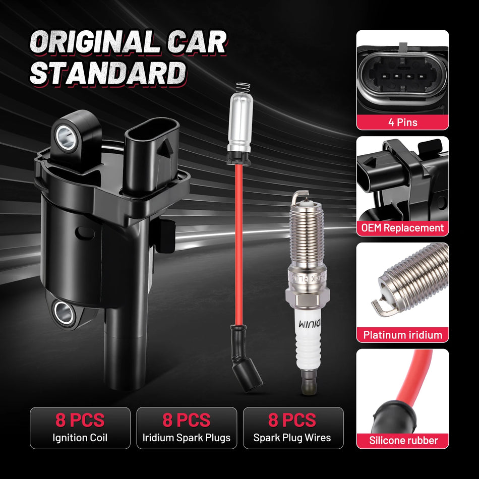 Ignition Coil UF742F and Spark Plugs SP1036 with Wire Set 748UU for 2014-2021 Chevrolet Silverado 1500 4.3L V6 | BDFHYK