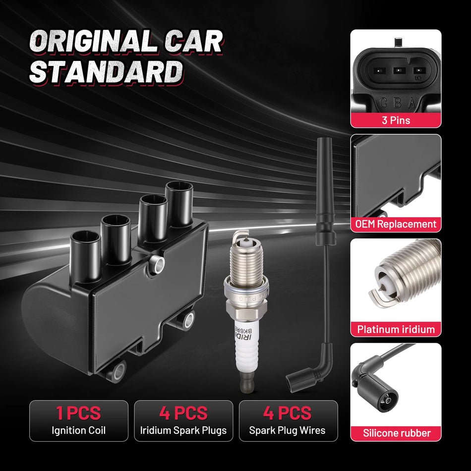 Ignition Coil UF503 and Spark Plugs SP1012 with Wire Set 7568 for 2010-2010 Pontiac G3 1.6L L4 | BDFHYK