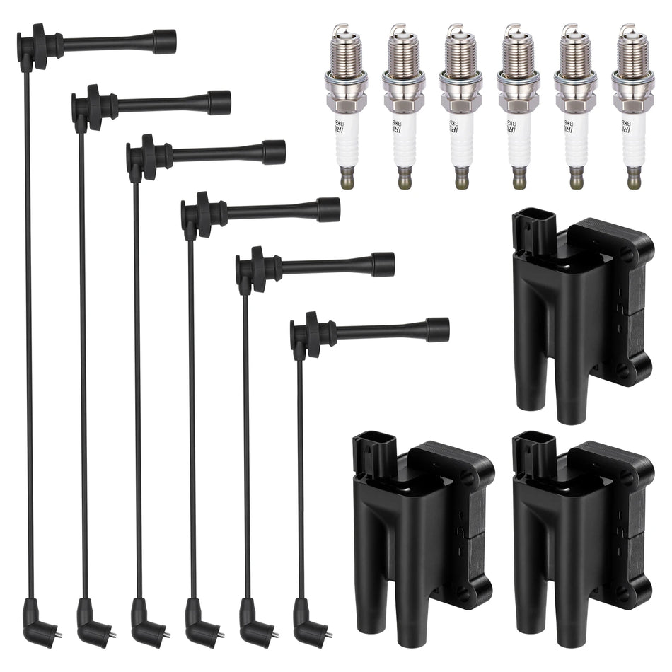 Ignition Coil UF197 and Spark Plugs 5303 with Wire Set 7005 for 1997-2004 Mitsubishi Montero Sport 3.0L V6, 3.5L V6 | BDFHYK