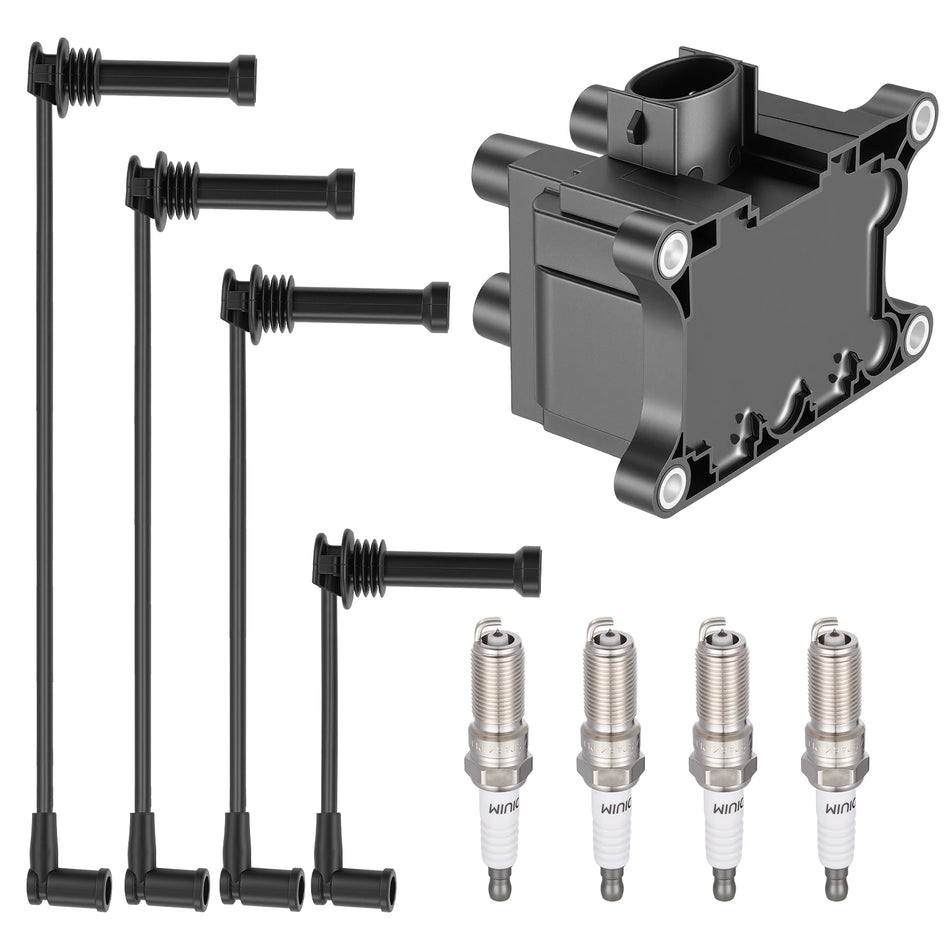 Ignition Coil FD497T and Spark Plugs SP1024 with Wire Set WR5974 for 1998-2012 Ford Fiesta/Contour 2.0L L4, 1.6L L4 | BDFHYK