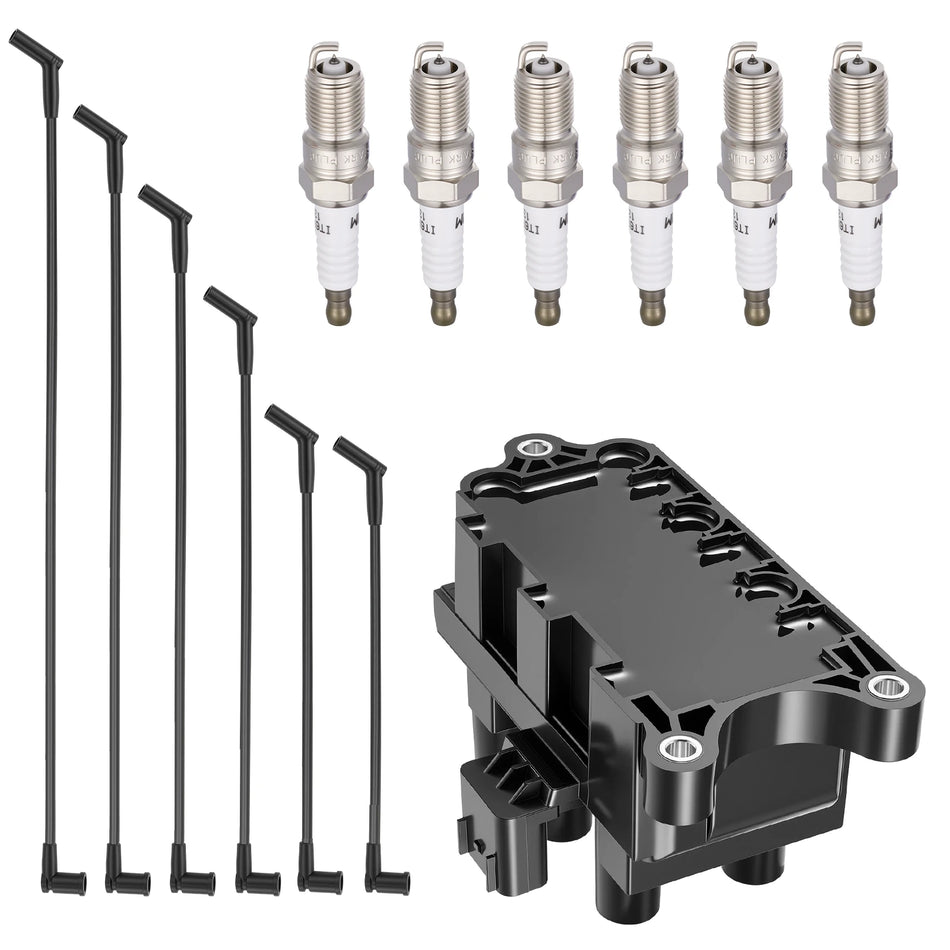 Ignition Coil FD498T and Spark Plugs SP1005 with Wire Set 8676 for 2001-2010 Ford Freestar/Mustang 4.2L V6, 3.0L V6 | BDFHYK