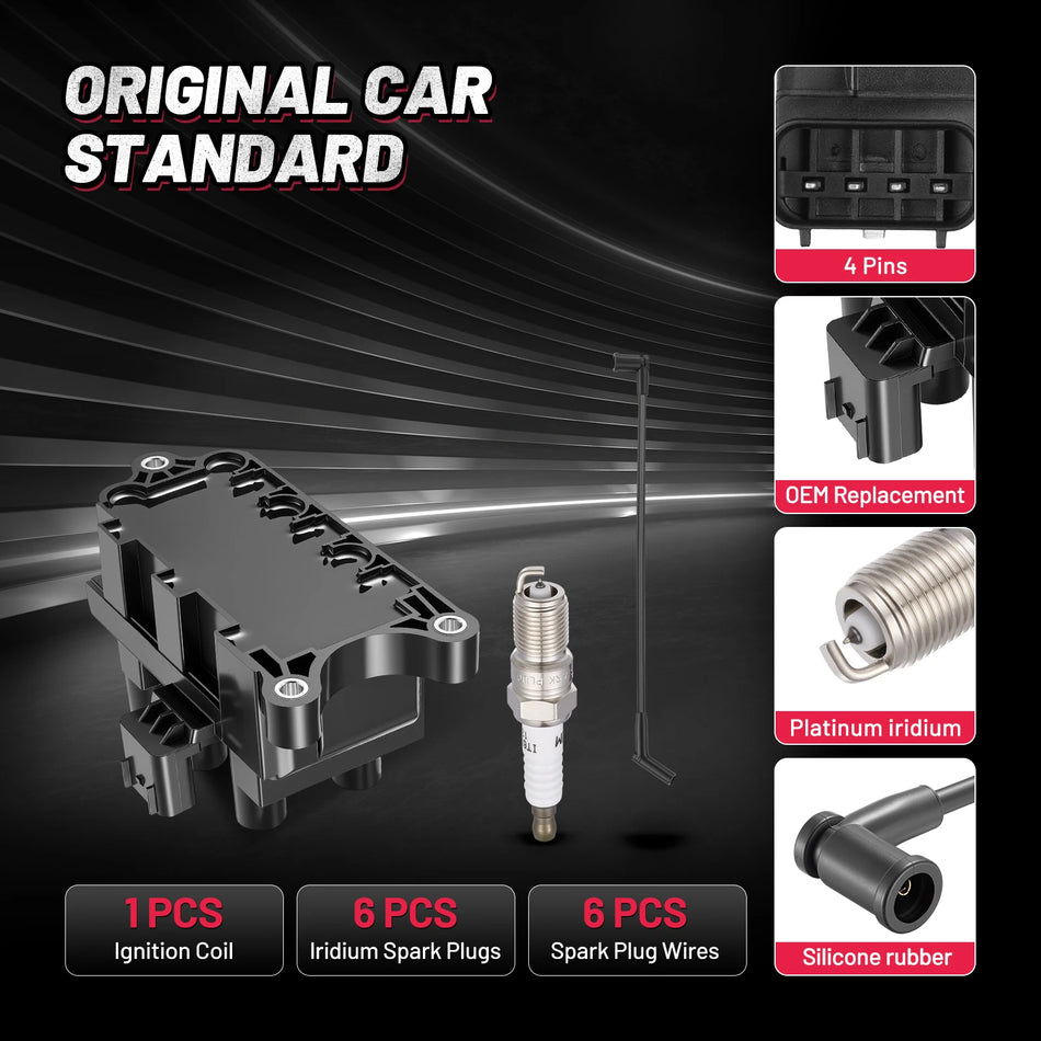 Ignition Coil FD498T and Spark Plugs SP1005 with Wire Set 8676 for 2001-2010 Ford Freestar/Mustang 4.2L V6, 3.0L V6 | BDFHYK