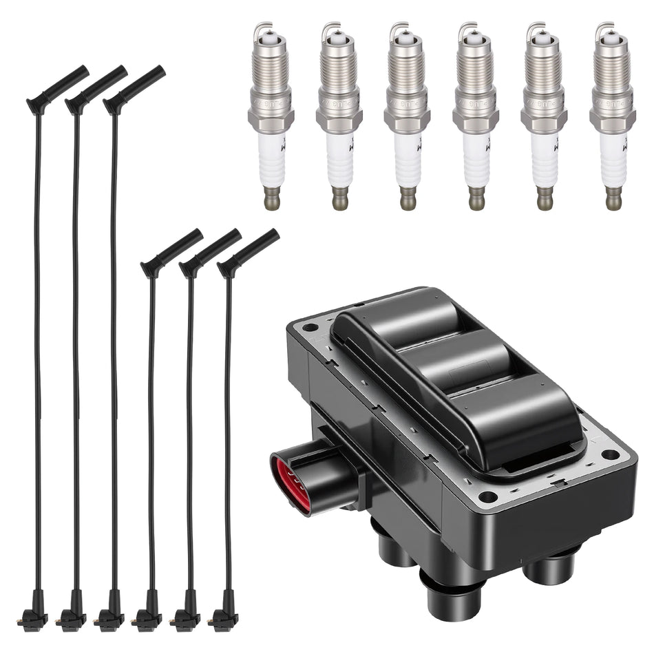 Ignition Coil SKIC086 and Spark Plugs SP1015 with Wire Set 8673 for 1989-2011 Ford Ranger/Taurus 4.0L V6, 3.0L V6 | BDFHYK