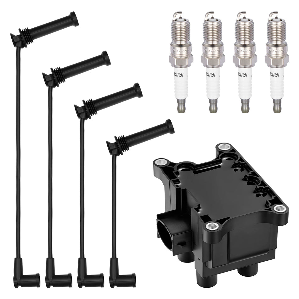 Ignition Coil SKIC101 and Spark Plugs SP1005 with Wire Set 3352 for 1998-2012 Ford Fiesta/Contour 2.0L L4, 1.6L L4 | BDFHYK