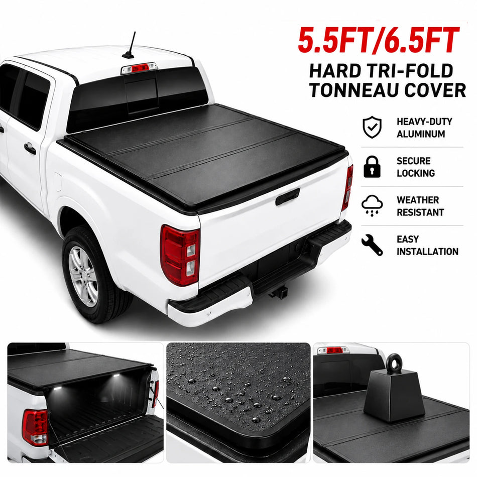 5.5 FT / 6.5 FT Bed Hard Tri-Fold Tonneau Cover for 2004-2014 Ford F-150 & Lincoln Mark LT | BDFHYK