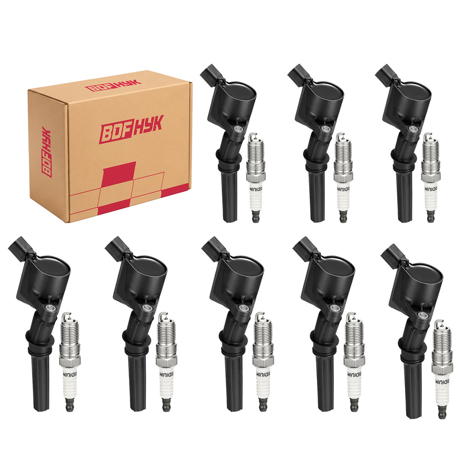 8 PCS Complete Kit: BDFHYK DG508 Ignition Coil Pack and 8 Iridium Spark Plugs in a BDFHYK branded box, ready for installation.