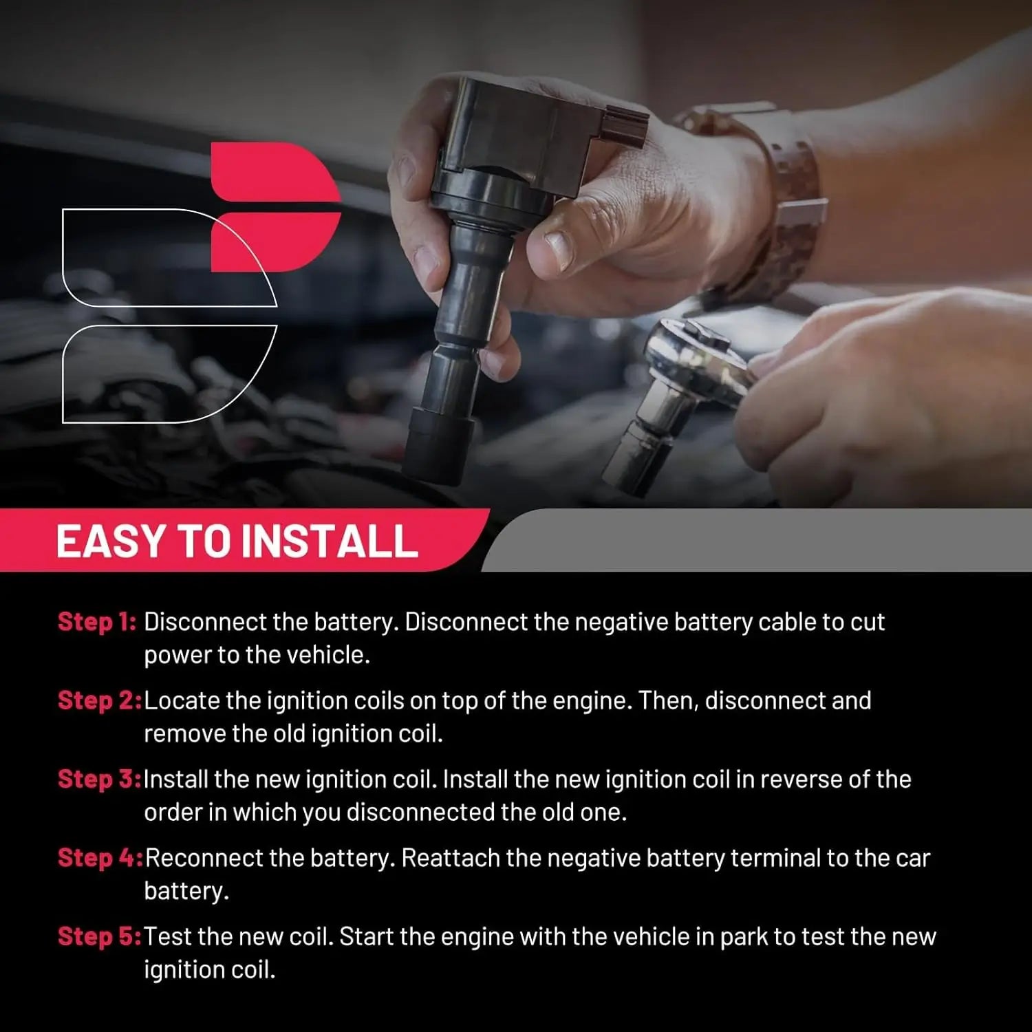 Easy to Install guide for BDFHYK DG508 Ignition Coil on Ford F150. A 5-step DIY installation tutorial: disconnect battery, remove old BDFHYK Coil Pack, install new one, reconnect, and test.