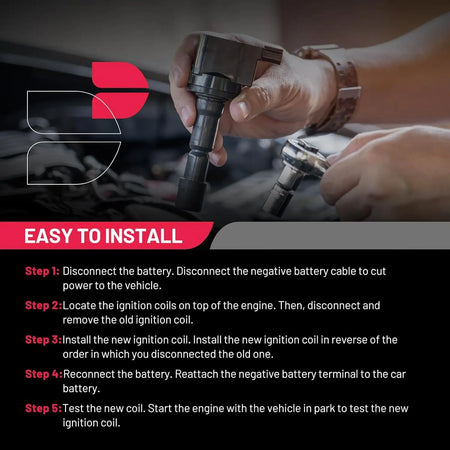 Easy to Install guide for BDFHYK DG508 Ignition Coil on Ford F150. A 5-step DIY installation tutorial: disconnect battery, remove old BDFHYK Coil Pack, install new one, reconnect, and test.