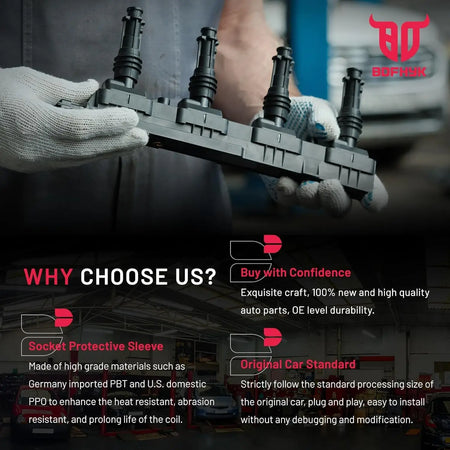 Why choose BDFHYK DG508 Ignition Coil: OE level durability and Original Car Standard fit. Features high-grade Germany imported PBT and U.S. domestic PPO for the Socket Protective Sleeve to enhance heat and abrasion resistance for Ford F150 Mustang V8.