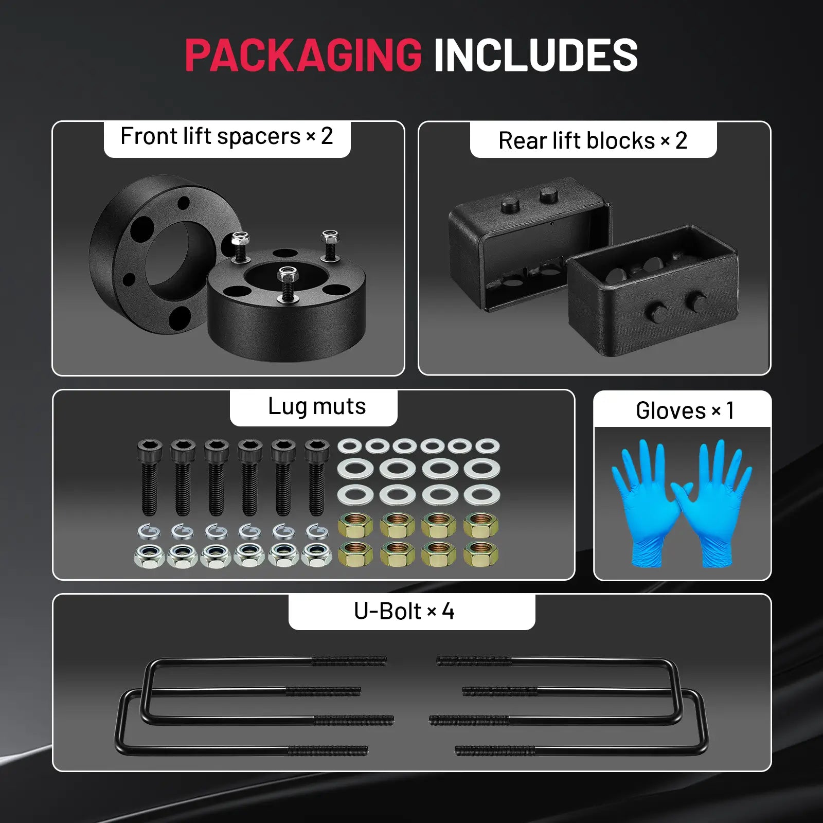Ford F-150 3 inch front rear lift kit package components