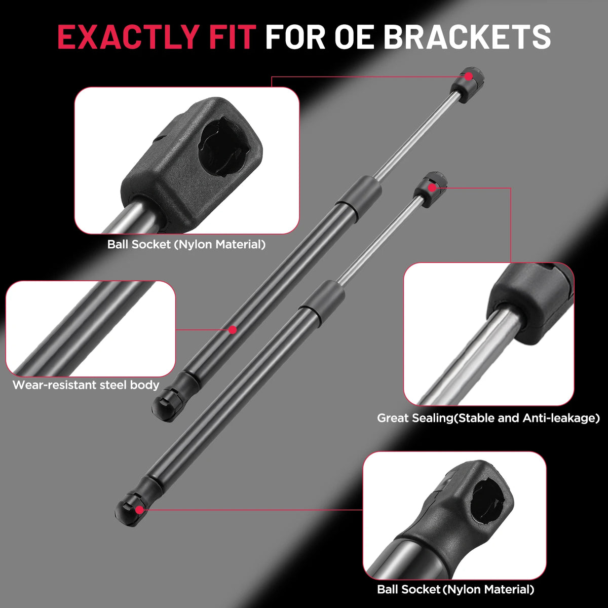 Pair of aftermarket hood struts for Nissan Murano with OE-style mounting connections
