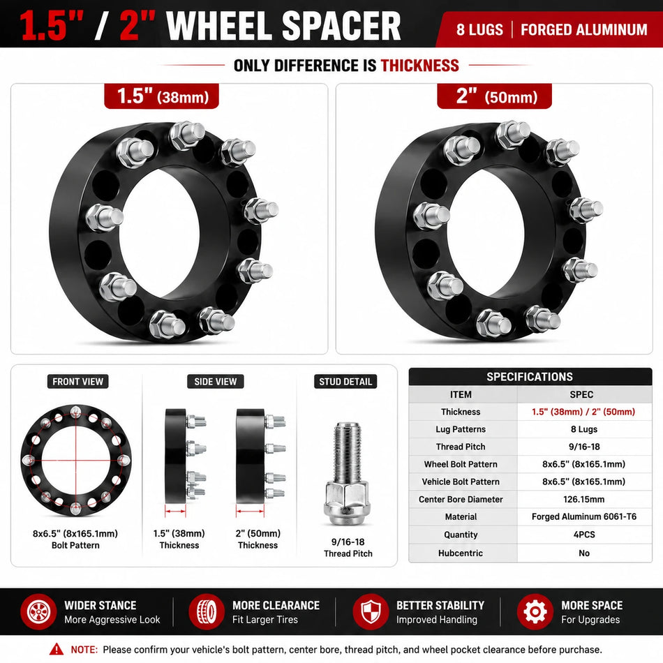 BDFHYK 8x165.1 Wheel Spacers 1.5 Inch / 2 Inch for Dodge Ram 2500 3500 Ford F250 F350 E250 E350, 9/16-18 Studs, 126mm Hub Bore, Set of 4